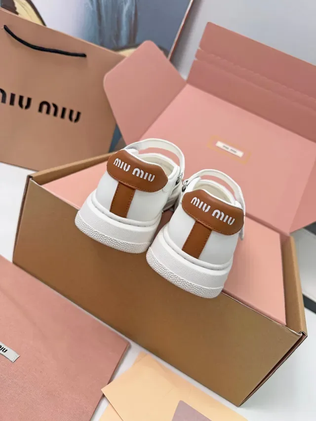 Miu Miu Mary Jane Sneaker White Brown Leather-Like Upper Single Branded Strap Mary Jane Shoes 4