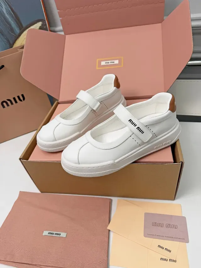 Miu Miu Mary Jane Sneaker White Brown Leather-Like Upper Single Branded Strap Mary Jane Shoes 5