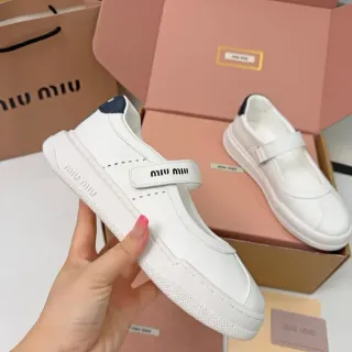 Miu Miu Mary Jane Sneaker White Navy Leather Upper Logo Strap Mary Jane Shoes