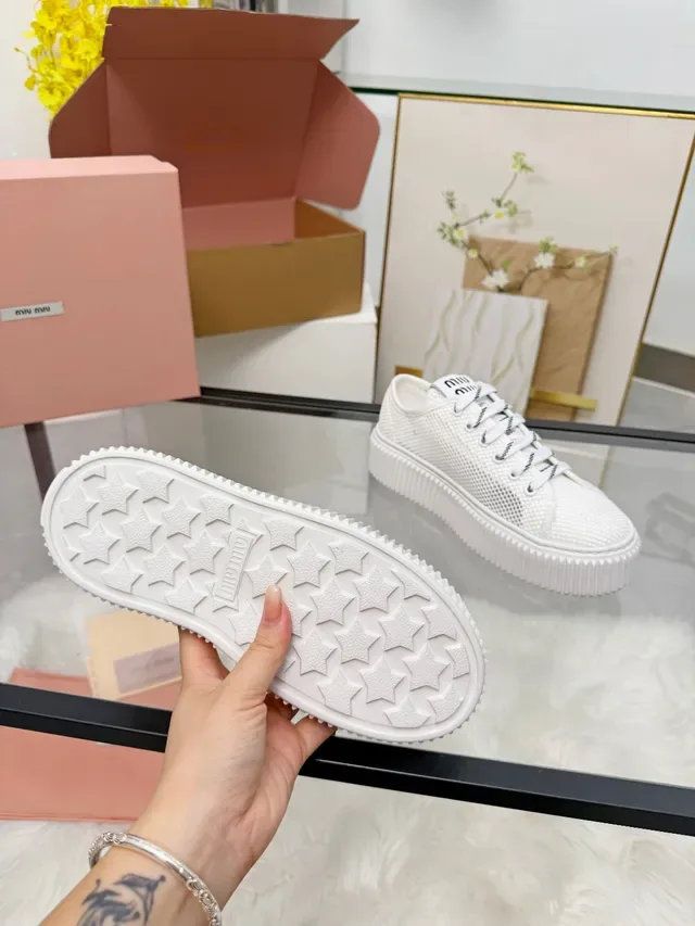 Miu Miu Platform Sneakers White Mesh Upper Ridged Sole Lifestyle Sneakers 2