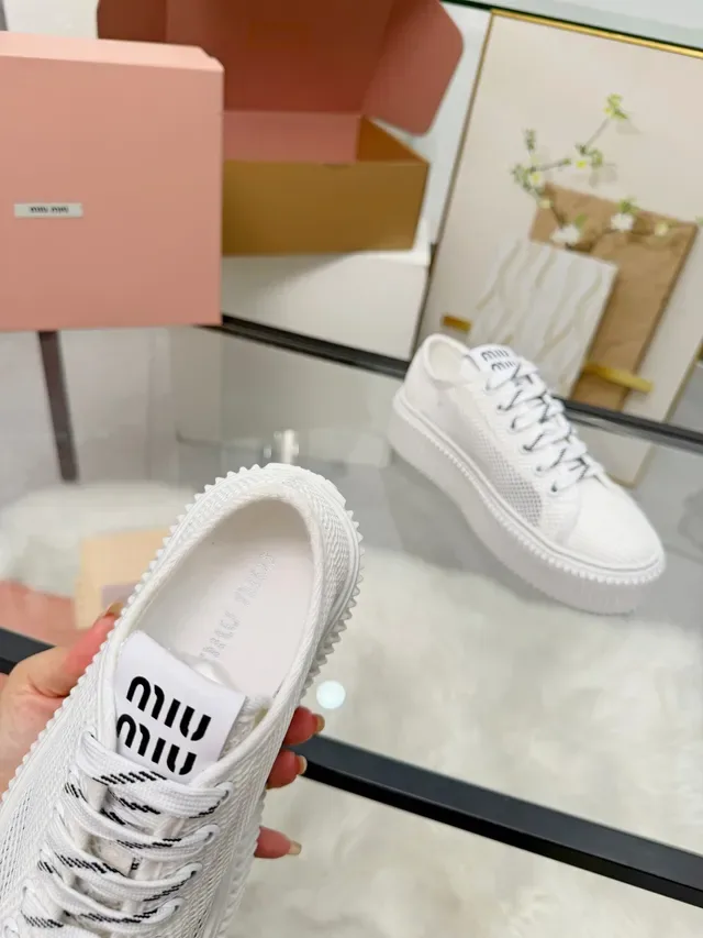 Miu Miu Platform Sneakers White Mesh Upper Ridged Sole Lifestyle Sneakers 3