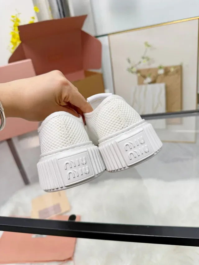 Miu Miu Platform Sneakers White Mesh Upper Ridged Sole Lifestyle Sneakers 4