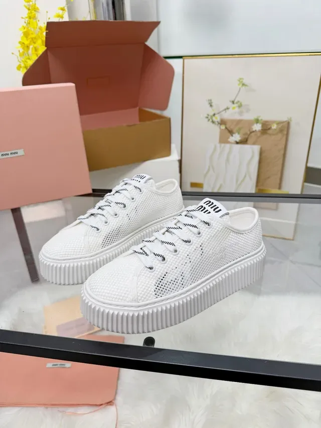 Miu Miu Platform Sneakers White Mesh Upper Ridged Sole Lifestyle Sneakers 5