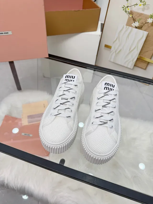 Miu Miu Platform Sneakers White Mesh Upper Ridged Sole Lifestyle Sneakers 6