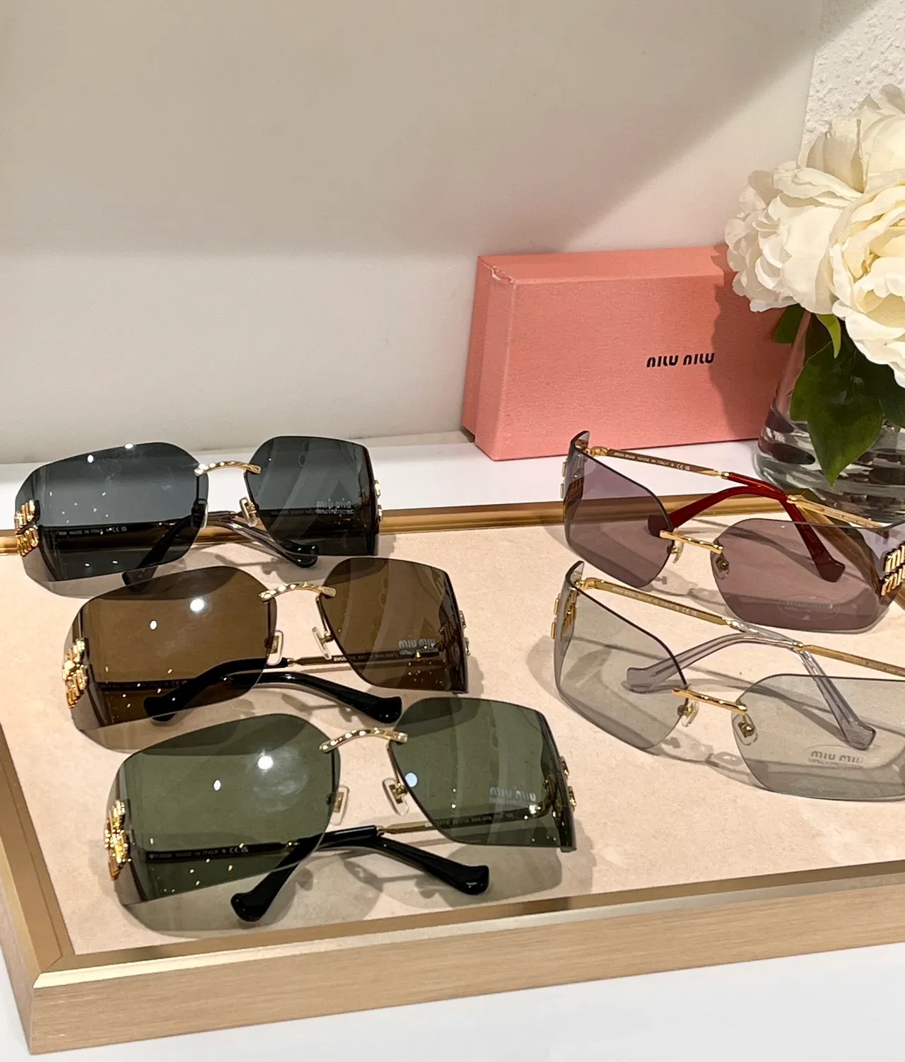 Miu Miu Rimless Rectangular Gold-Accent Sunglasses 4