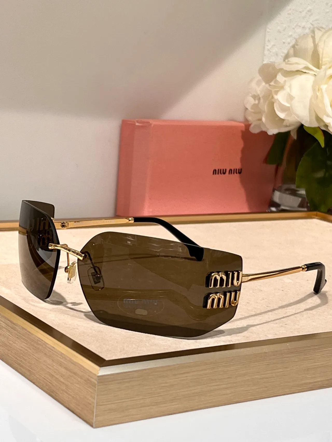 Miu Miu Rimless Rectangular Gold-Accent Sunglasses 5