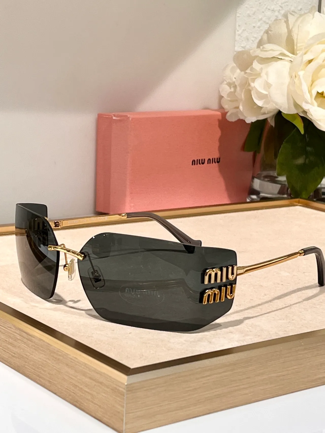 Miu Miu Rimless Rectangular Gold-Accent Sunglasses 6