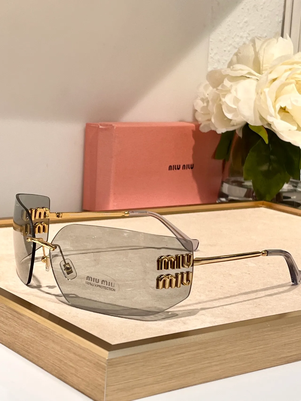 Miu Miu Rimless Rectangular Gold-Accent Sunglasses 7
