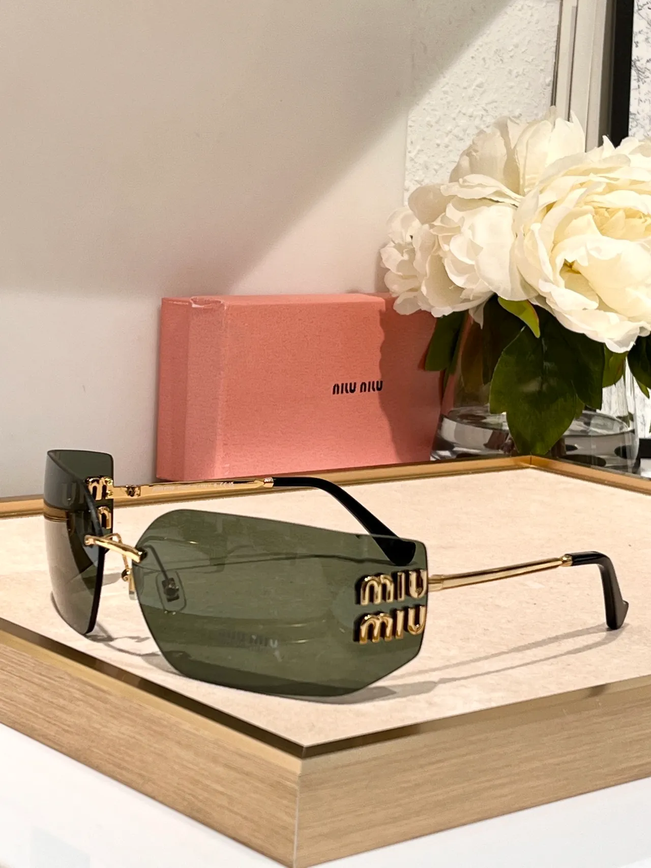 Miu Miu Rimless Rectangular Gold-Accent Sunglasses 8