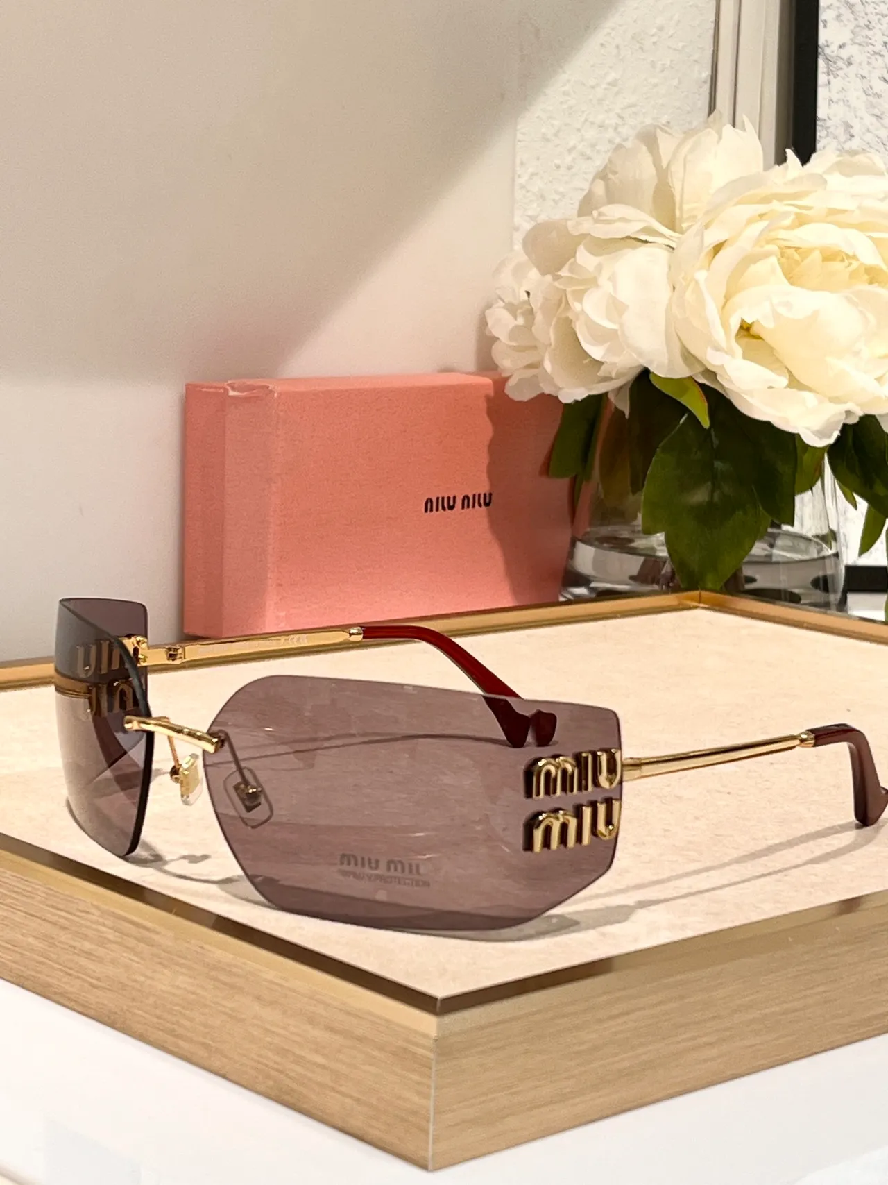 Miu Miu Rimless Rectangular Gold-Accent Sunglasses 9