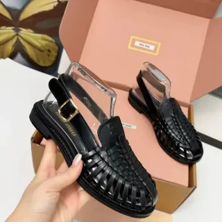 Miu Miu Wander Black Transparent Woven Leather Strap Casual Sandals