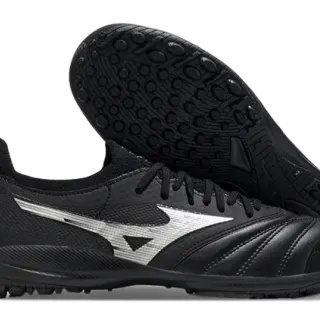 Mizuno Black Silver Leather And Synthetic Upper Wave Logo Accent Turf Soccer Shoes