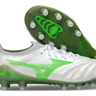 Mizuno Copa White Green Quilted Leather Upper Wave Logo Accent Firm-Ground Soccer Shoes