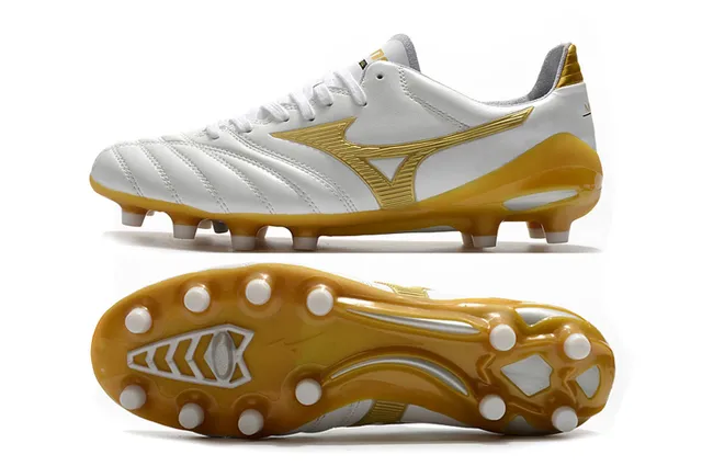 Mizuno Morelia Branco e Dourado para campo firme sapatos de futebol 6