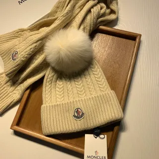 Moncler Beige Cable-Knit Pattern Ribbed Fold-Up Cuff Beanie