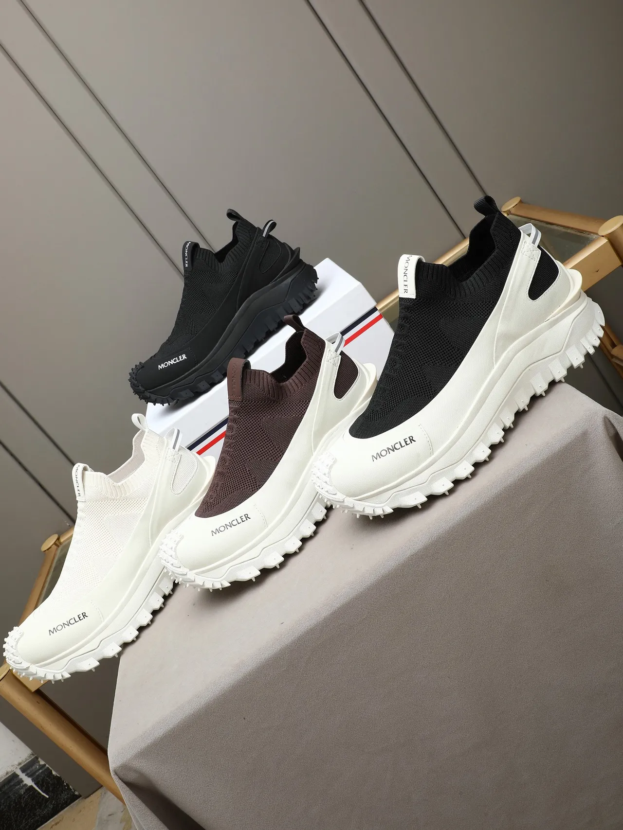 Moncler Black White Sock-Knit Upper Slip-On Construction Sneakers 2