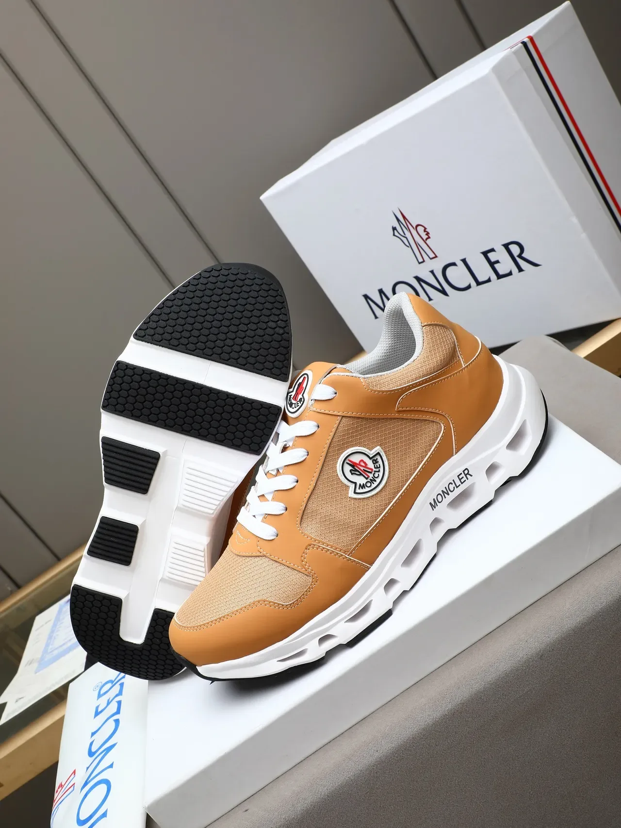 Moncler Lifestyle Sneaker Tan and White Chunky Sneakers 4