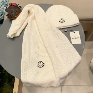 Moncler Logo Scarf and Beanie Set White Ribbed Knit Cashmere Scarf