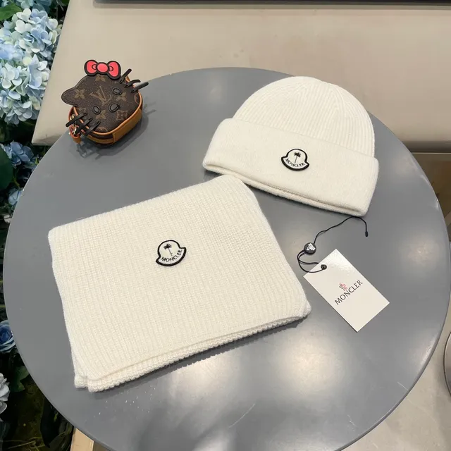 Moncler Logo Écharpe et Bonnet Set Blanc Tricoté côtelé Cachemire Écharpe 2