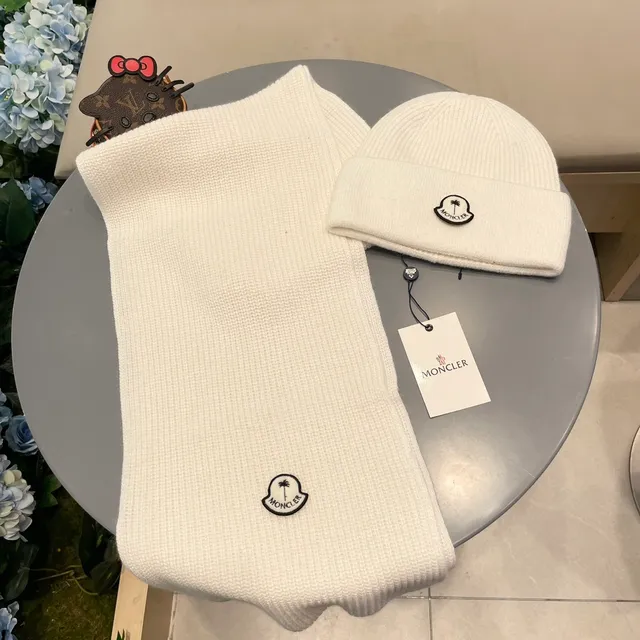 Moncler Logo Écharpe et Bonnet Set Blanc Tricoté côtelé Cachemire Écharpe 3