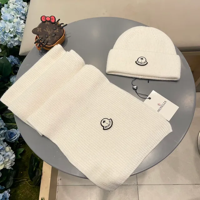Moncler Logo Écharpe et Bonnet Set Blanc Tricoté côtelé Cachemire Écharpe 4