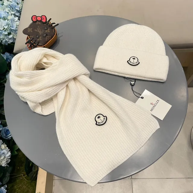 Moncler Logo Écharpe et Bonnet Set Blanc Tricoté côtelé Cachemire Écharpe 5
