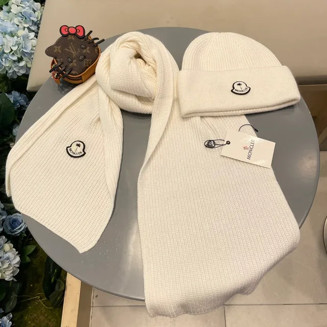 Moncler Logo Écharpe et Bonnet Set Blanc Tricoté côtelé Cachemire Écharpe 7