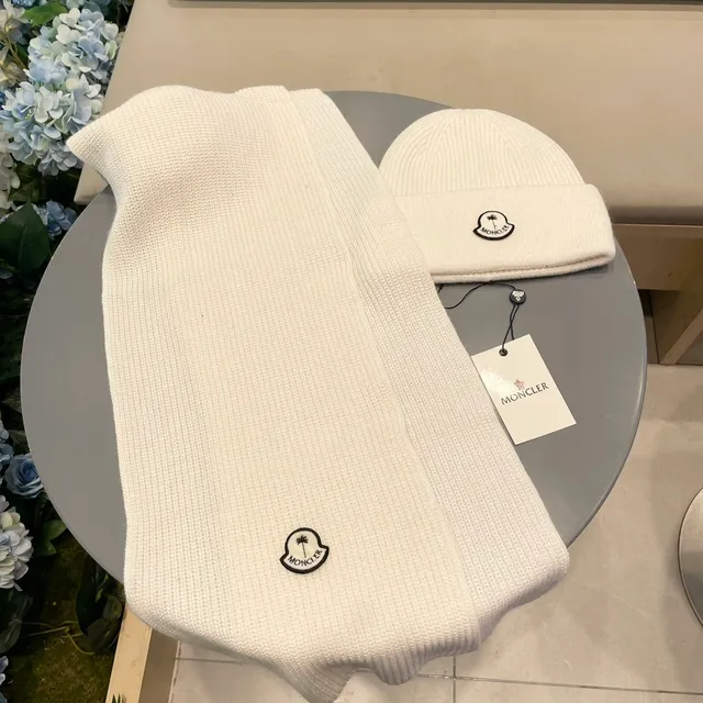 Moncler Logo Écharpe et Bonnet Set Blanc Tricoté côtelé Cachemire Écharpe 8