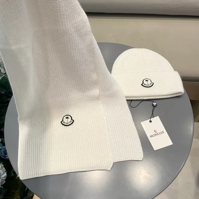 Moncler Logo Écharpe et Bonnet Set Blanc Tricoté côtelé Cachemire Écharpe 9