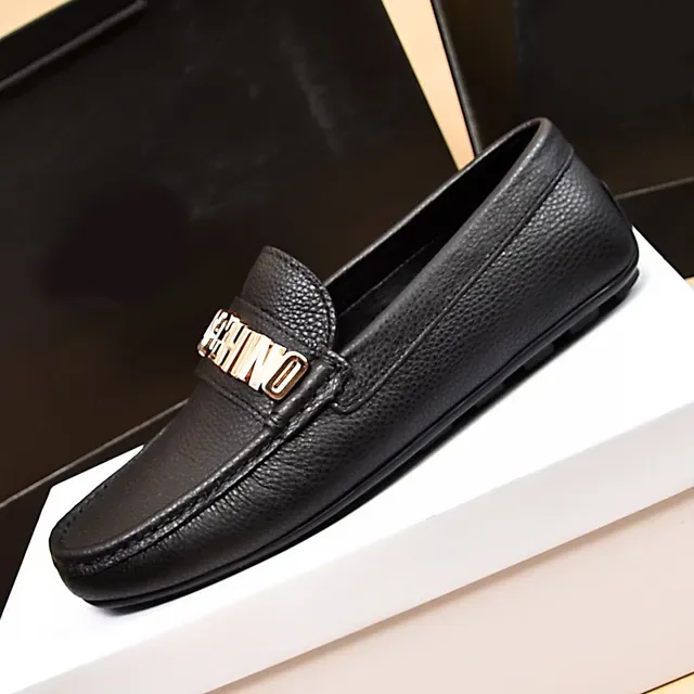 Moschino Logo-Bar Black Gold Pebbled Leather Hardware Loafer 5