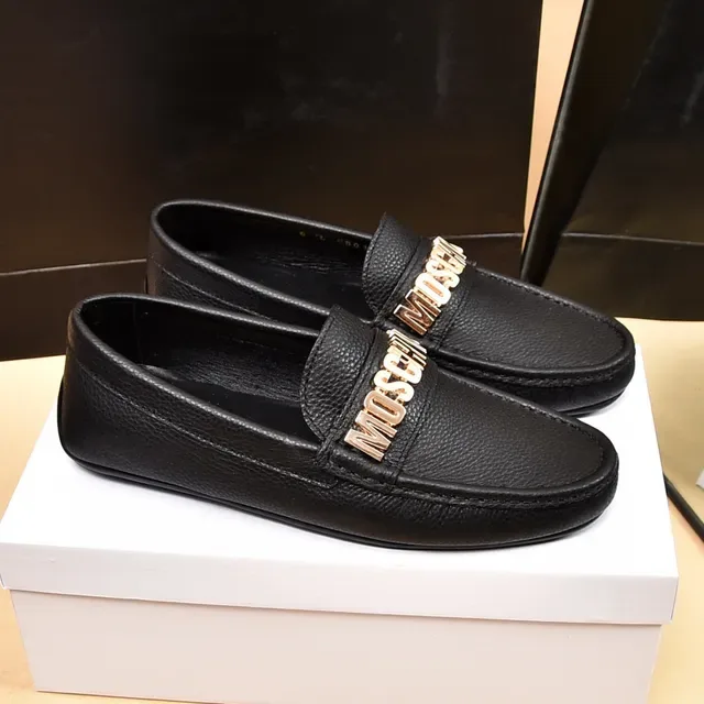 Moschino Logo-Bar Black Gold Pebbled Leather Hardware Loafer 7