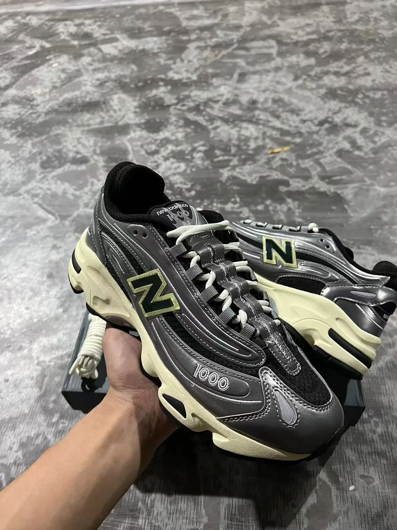 New Balance 1000 Metallic Silver Black Cream Chunky Sneakers 2