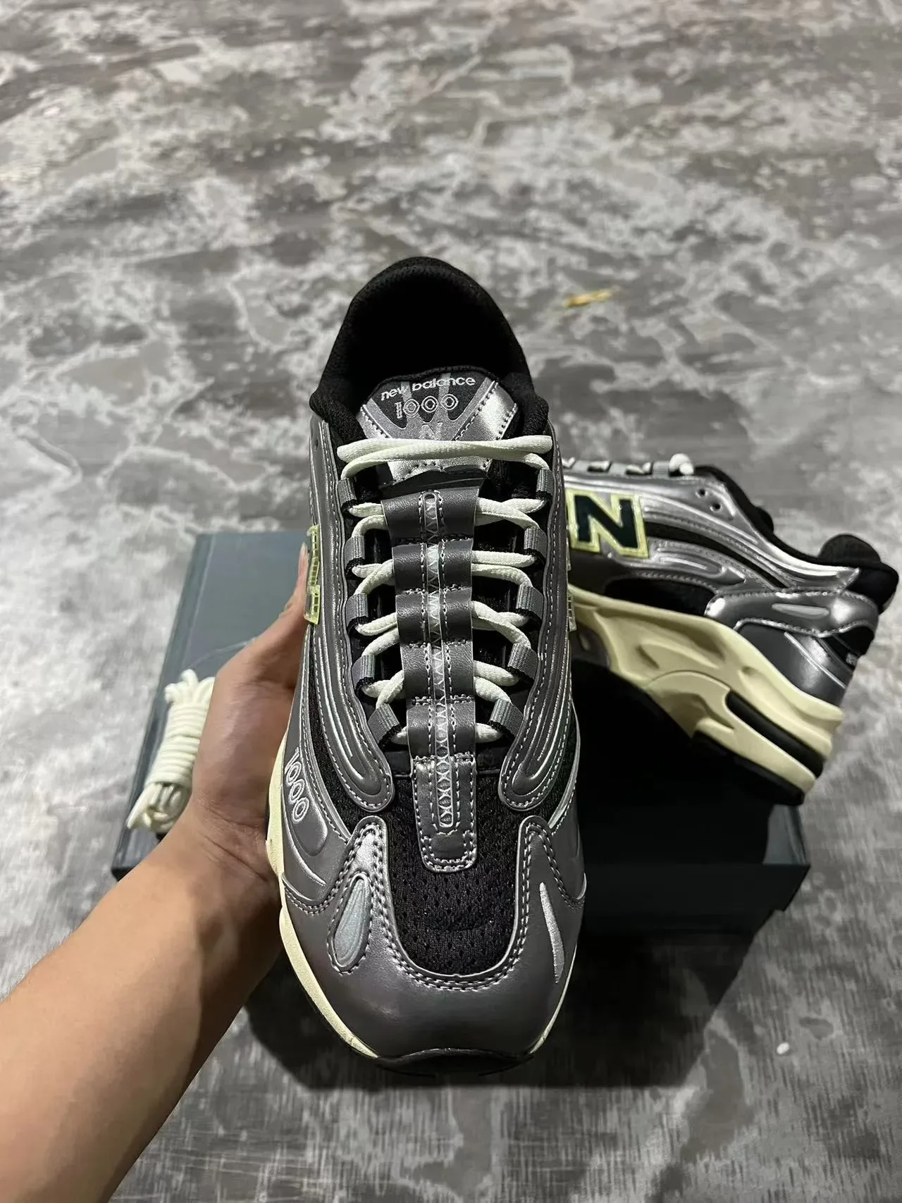 New Balance 1000 Metallic Silver Black Cream Chunky Sneakers 3