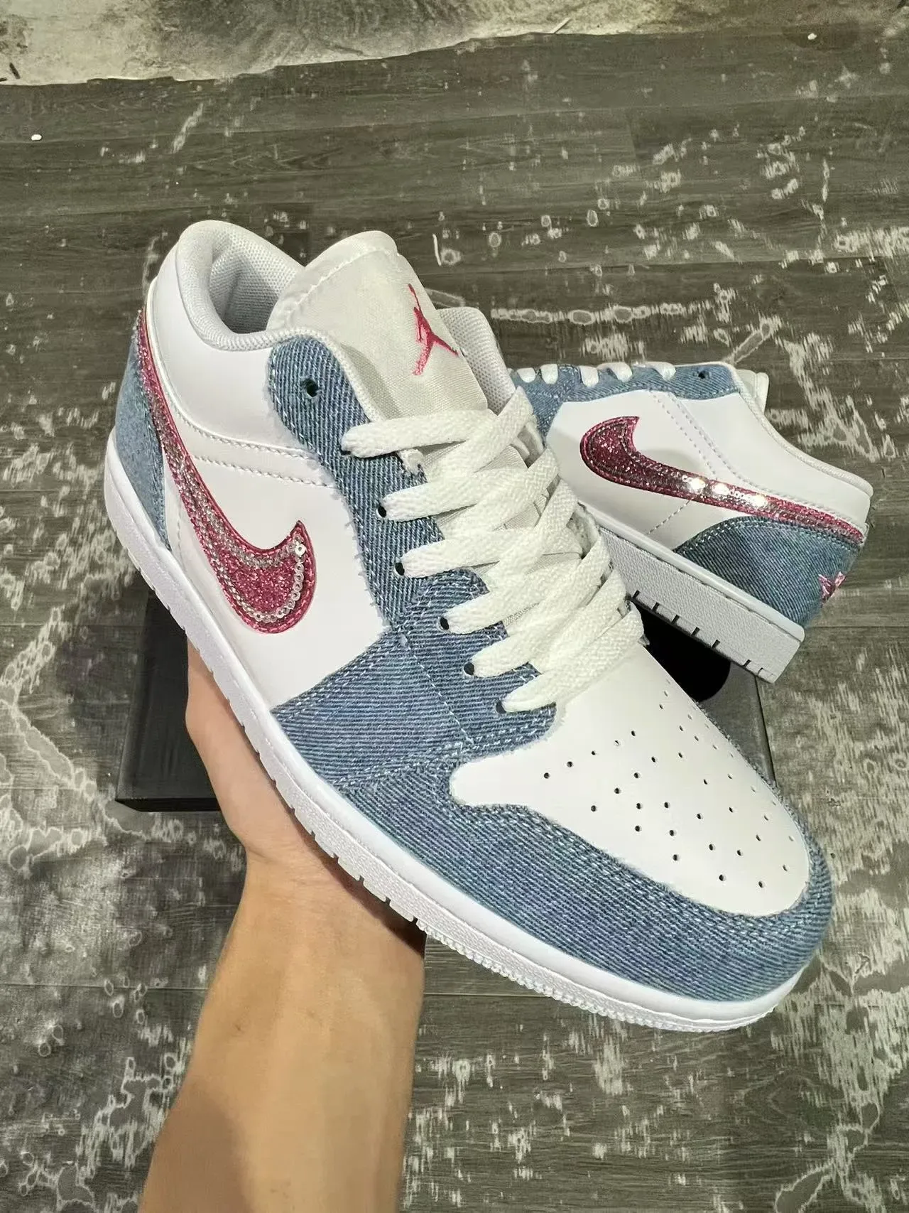 Nike Air Jordan 1 Low Denim Glitter Pink Lifestyle Sneakers 7