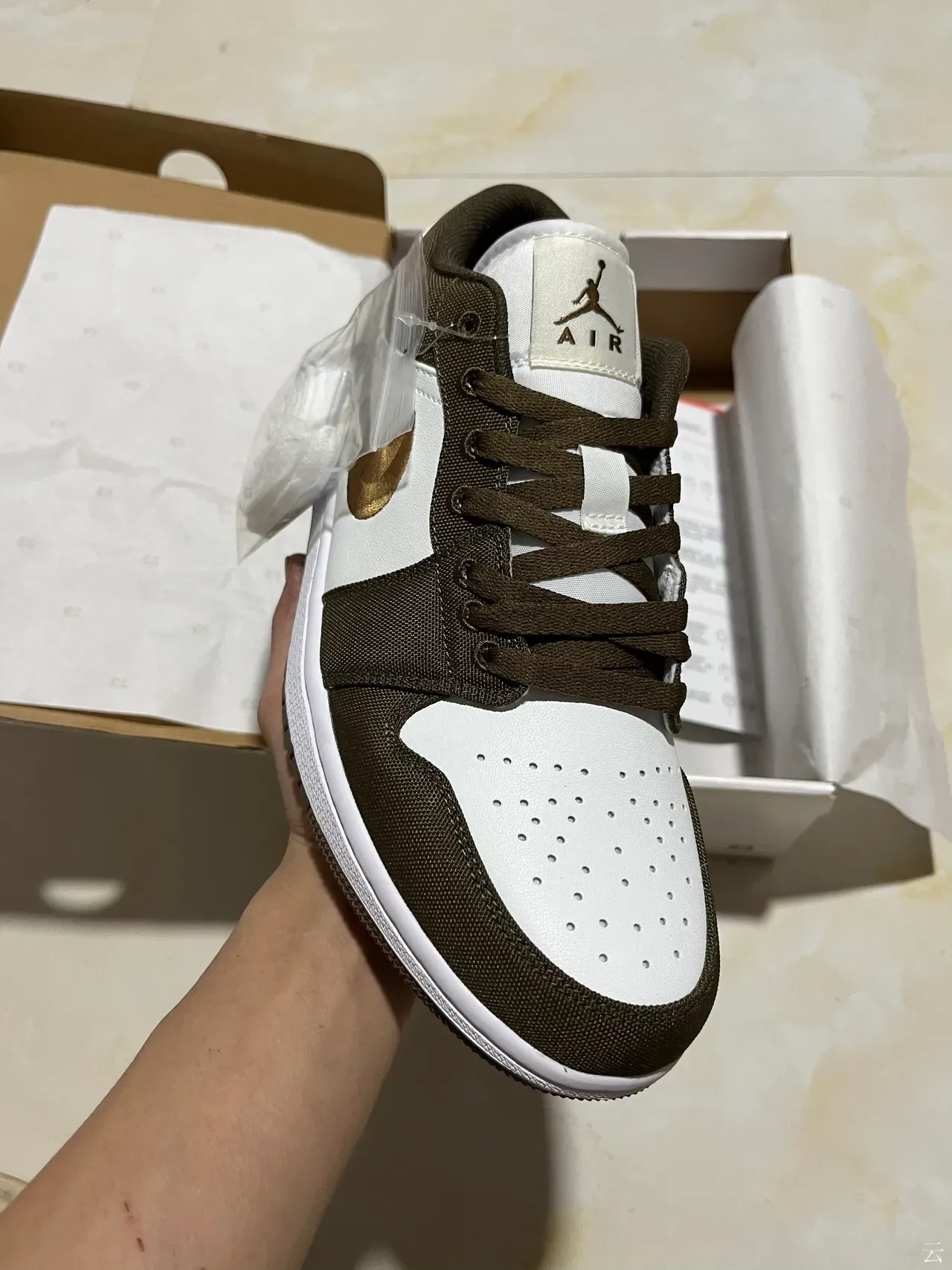 Nike Air Jordan 1 Olive Brown and Metallic Gold Lifestyle Sneakers 2