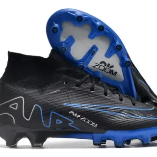 Nike Black Blue High-Cut Flyknit Collar Carbon-Fiber Textured Upper Firm-Ground Soccer Shoes