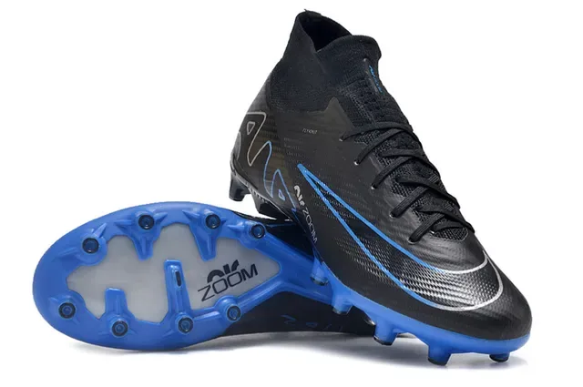 Nike Black Blue High-Cut Flyknit Collar Carbon-Fiber Textured Upper Firm-Ground Soccer Shoes 3