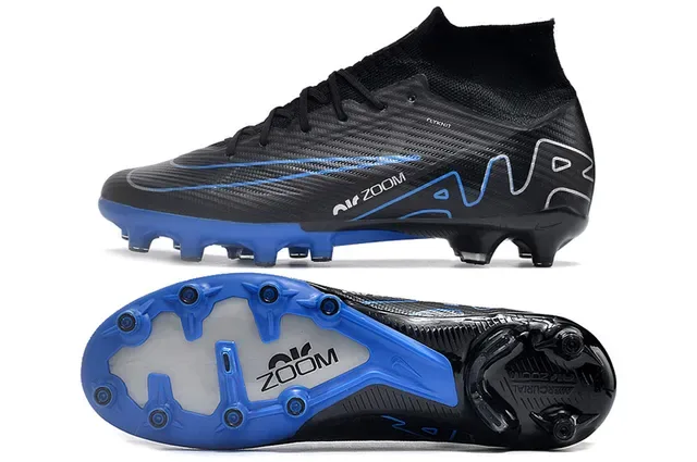 Nike Black Blue High-Cut Flyknit Collar Carbon-Fiber Textured Upper Firm-Ground Soccer Shoes 5