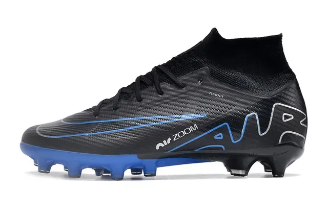 Nike Black Blue High-Cut Flyknit Collar Carbon-Fiber Textured Upper Firm-Ground Soccer Shoes 8
