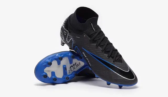 Nike Black Blue High-Cut Flyknit Collar Carbon-Fiber Textured Upper Firm-Ground Soccer Shoes 9