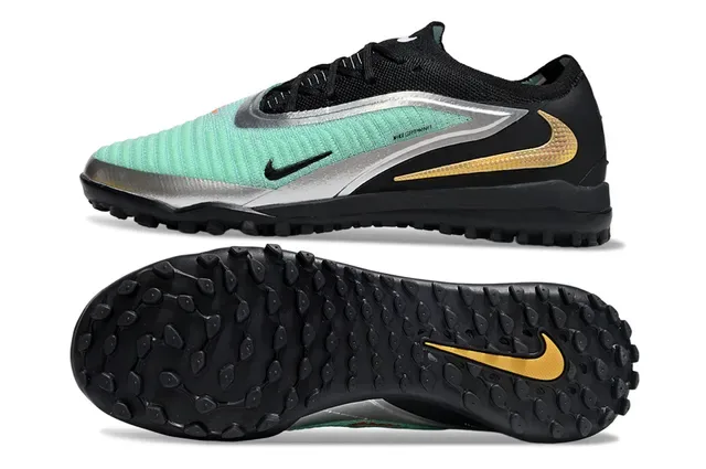 Nike Tênis de futebol turf preto e verde com upper de knit e cordões assimétricos 6