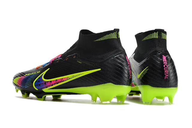 Nike Black Multicolor High-Cut Flyknit Collar Neon Lime Green Sole Firm-Ground Soccer Shoes 4