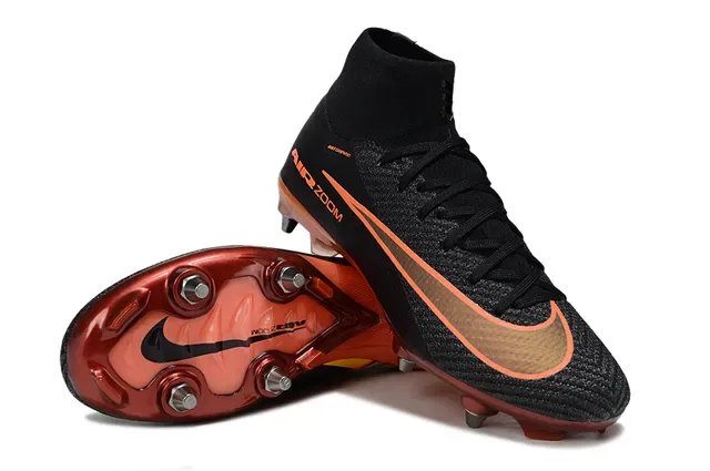 Nike أسود برتقالي عالي القطع جوارب ملائمة Flyknit Construction Firm-Ground أحذية كرة القدم 4