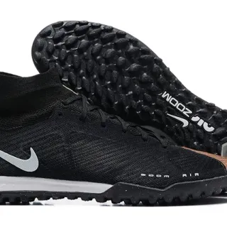 Nike Preto e Prata Alto Ajuste Meia Superior de Malha Grama Artificial Sapatos de Futebol