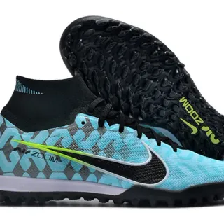 Nike Sapatos de futebol para gramado azul preto, baixo, gola de meia, parte superior de malha geométrica