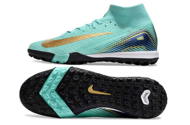 Nike Chaussures de football pour gazon bleu et or avec upper de tricot ajustement chaussette haut cheville col de cheville 5