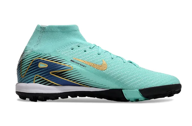 Nike Chaussures de football pour gazon bleu et or avec upper de tricot ajustement chaussette haut cheville col de cheville 7