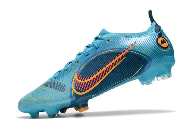 Nike chaussures de football bleu orange à talon bas avec overlay en mesh et synthétique pour terrain ferme 5