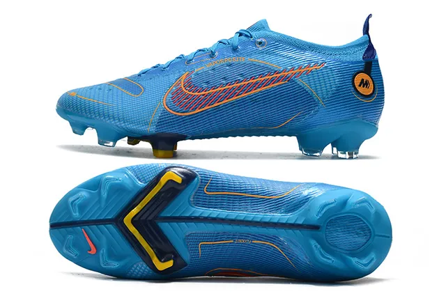 Nike chaussures de football bleu orange à talon bas avec overlay en mesh et synthétique pour terrain ferme 9