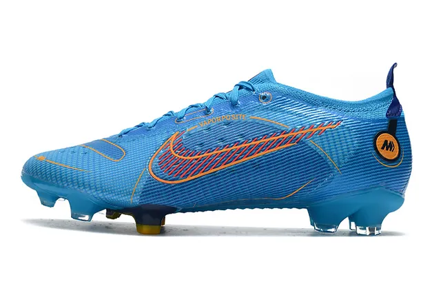 Nike chaussures de football bleu orange à talon bas avec overlay en mesh et synthétique pour terrain ferme 12